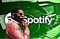 a man is standing in front of a spotify logo